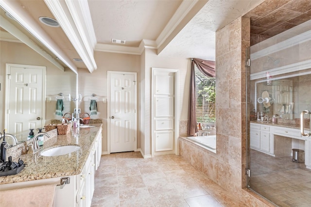 6319 Wimbledon Villas Dr, Spring, TX 77379 - bathroom featuring ornamental molding, a shower stall, a bath, double vanity, and tile patterned flooring