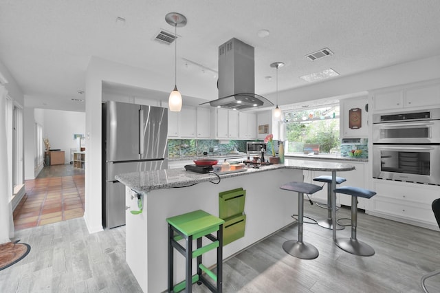 11414 Cedar Creek Dr, Houston, TX 77077 - kitchen with appliances with stainless steel finishes, island range hood, light wood-type flooring, decorative backsplash, and a textured ceiling