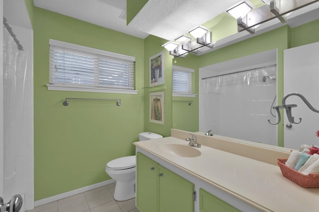 11414 Cedar Creek Dr, Houston, TX 77077 - bathroom featuring tile patterned flooring, toilet, vanity, baseboards, and a shower with curtain