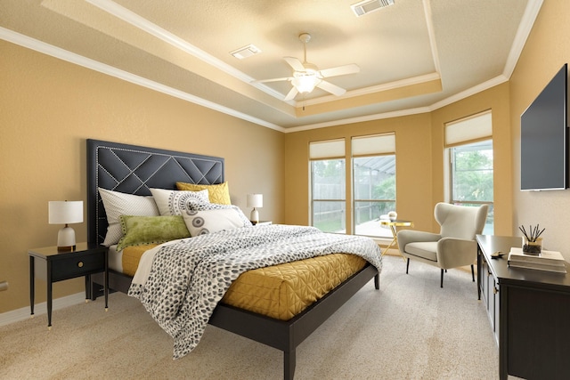 106 Arrowhead Dr, Lake Jackson, TX 77566 - bedroom with a tray ceiling, crown molding, light carpet, and a ceiling fan