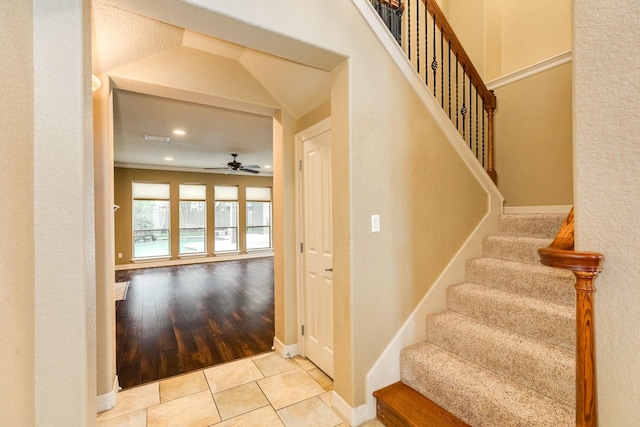 106 Arrowhead Dr, Lake Jackson, TX 77566 - staircase featuring a ceiling fan, tile patterned flooring, recessed lighting, and baseboards