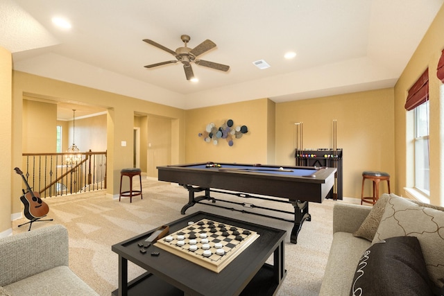 106 Arrowhead Dr, Lake Jackson, TX 77566 - recreation room featuring light colored carpet, a ceiling fan, billiards table, baseboards, and a raised ceiling