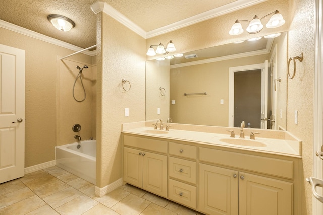 106 Arrowhead Dr, Lake Jackson, TX 77566 - full bathroom featuring a textured ceiling, tub / shower combination, double vanity, crown molding, and tile patterned floors