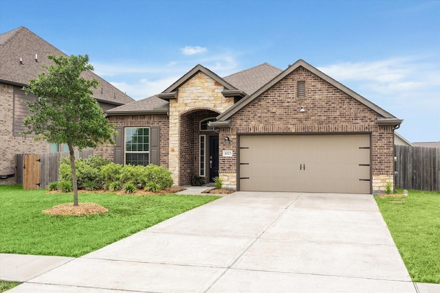 french country home featuring stone siding, roof with shingles, a garage, brick siding, and driveway
