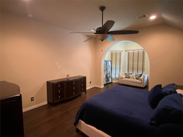 24211 Bella Florence Dr, Richmond, TX 77406 - bedroom with wood finished floors, lofted ceiling, a ceiling fan, and recessed lighting