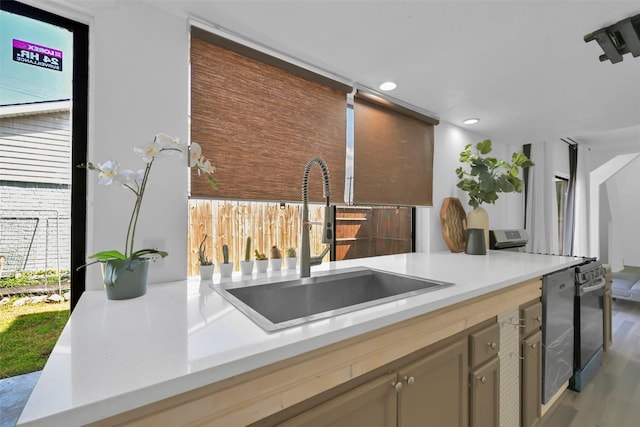 10731 Sageberry Dr, Houston, TX 77089 - kitchen featuring a sink, range, wood finished floors, recessed lighting, and light countertops