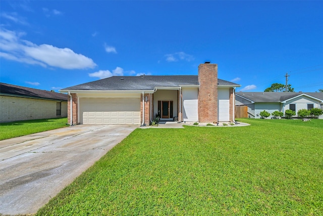 10731 Sageberry Dr, Houston, TX 77089 - ranch-style home featuring concrete driveway, an attached garage, a chimney, brick siding, and a front lawn