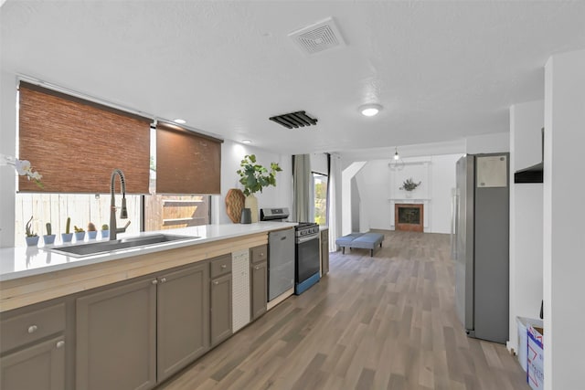 10731 Sageberry Dr, Houston, TX 77089 - kitchen featuring a sink, light wood finished floors, dishwasher, and a fireplace