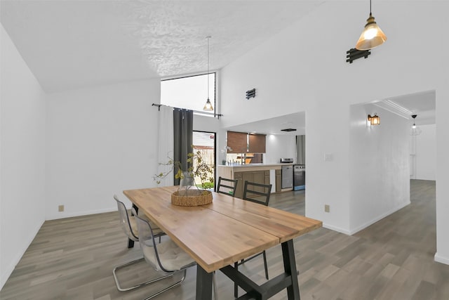 10731 Sageberry Dr, Houston, TX 77089 - dining space with wood finished floors, high vaulted ceiling, and baseboards