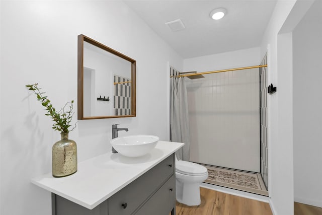 10731 Sageberry Dr, Houston, TX 77089 - bathroom featuring a shower stall, wood finished floors, toilet, and vanity
