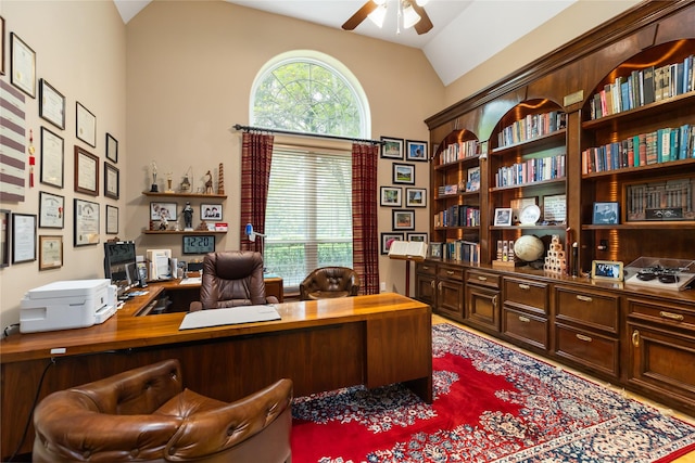 23303 Holly Creek Trl, Tomball, TX 77377 - office featuring ceiling fan and vaulted ceiling
