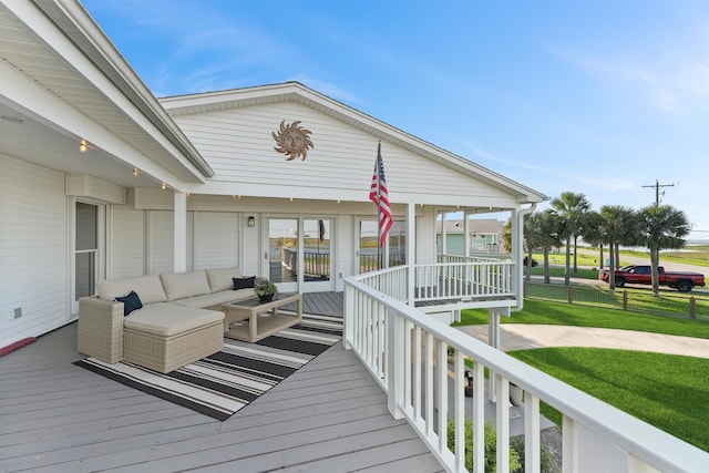 4321 Jolly Roger Rd, Galveston, TX 77554 - wooden terrace with a yard, a porch, and an outdoor hangout area