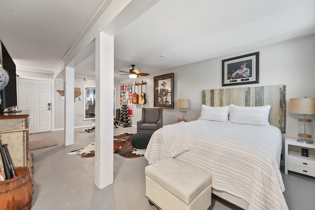 4321 Jolly Roger Rd, Galveston, TX 77554 - bedroom with finished concrete flooring and a ceiling fan
