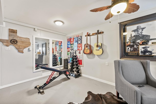 4321 Jolly Roger Rd, Galveston, TX 77554 - exercise area featuring baseboards and ceiling fan
