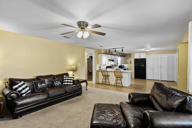 309 Kings Hl, Palacios, TX 77465 - living area featuring a ceiling fan, track lighting, and light wood-style floors