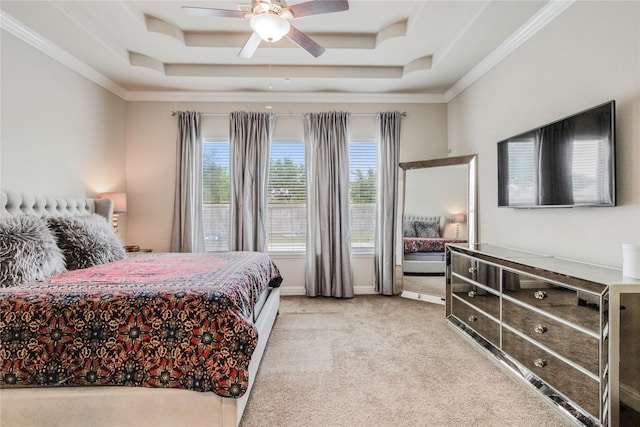 9612 Eden Ridge Ln, Pearland, TX 77584 - bedroom with light colored carpet, a raised ceiling, crown molding, and ceiling fan