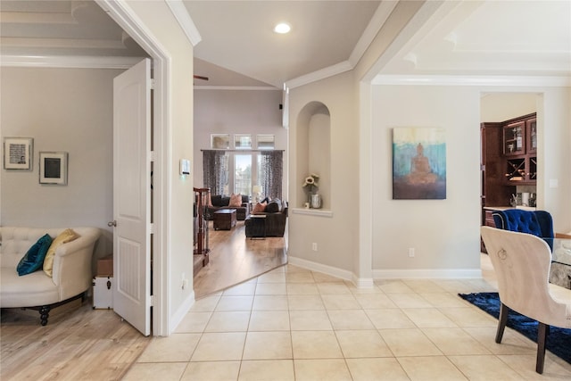 9612 Eden Ridge Ln, Pearland, TX 77584 - hallway featuring crown molding, baseboards, recessed lighting, and light wood-style floors