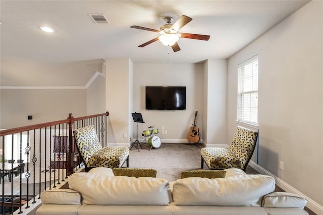 9612 Eden Ridge Ln, Pearland, TX 77584 - living area with a ceiling fan, baseboards, and carpet floors