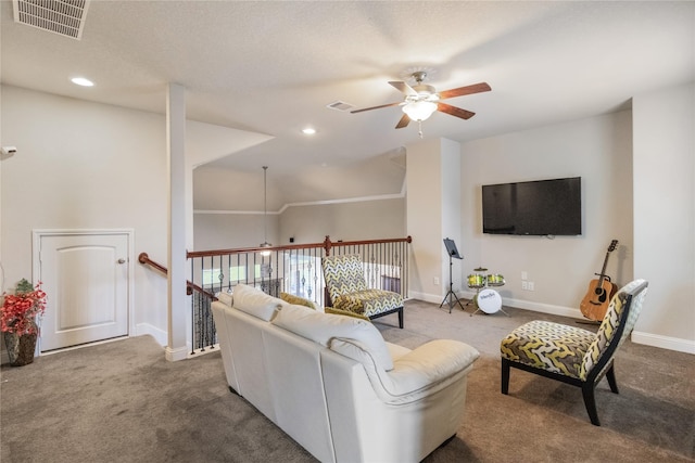 9612 Eden Ridge Ln, Pearland, TX 77584 - carpeted living room featuring ceiling fan, baseboards, recessed lighting, and lofted ceiling
