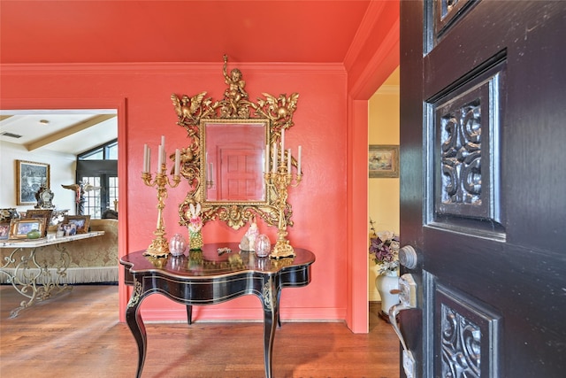 435 Flint Point Dr, Houston, TX 77024 - foyer featuring wood finished floors, ornamental molding, and lofted ceiling