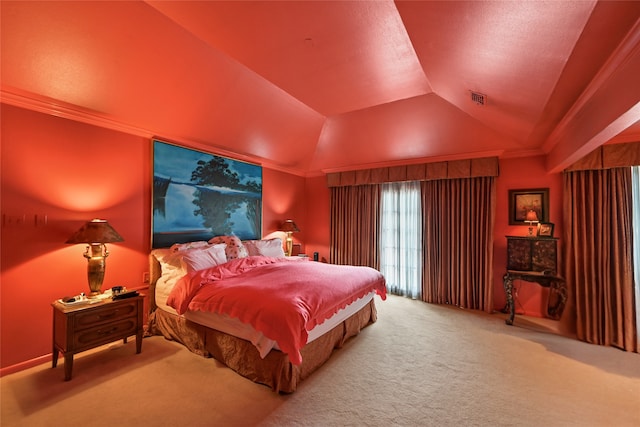 435 Flint Point Dr, Houston, TX 77024 - carpeted bedroom featuring lofted ceiling