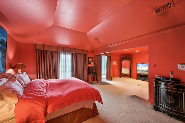 435 Flint Point Dr, Houston, TX 77024 - bedroom with carpet, vaulted ceiling, and crown molding