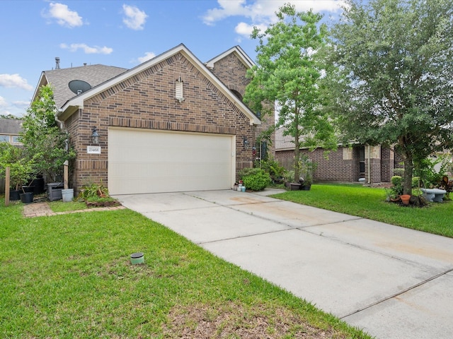 view of front of house with brick siding, an attached garage, driveway, and a front yard