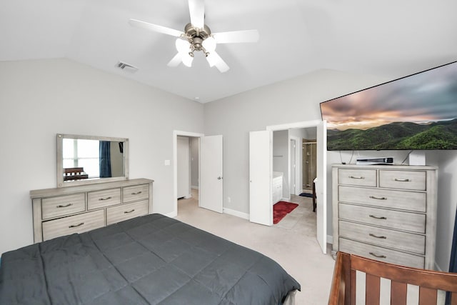 3718 Main Poplar Dr, Houston, TX 77025 - bedroom featuring vaulted ceiling, light carpet, connected bathroom, and a ceiling fan
