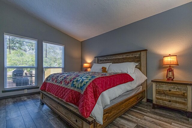 470 S Lakeview Dr, Point Blank, TX 77364 - bedroom featuring vaulted ceiling, wood finished floors, and a textured ceiling