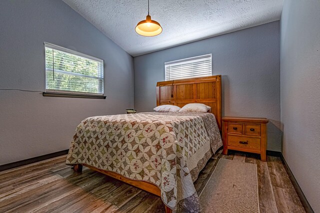 470 S Lakeview Dr, Point Blank, TX 77364 - bedroom featuring wood finished floors, multiple windows, lofted ceiling, a textured wall, and a textured ceiling