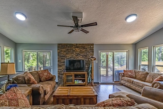 470 S Lakeview Dr, Point Blank, TX 77364 - living room with a textured ceiling, lofted ceiling, plenty of natural light, wood finished floors, and ceiling fan