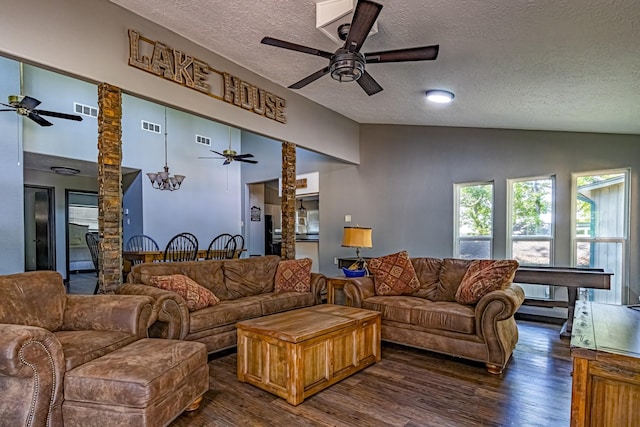 470 S Lakeview Dr, Point Blank, TX 77364 - living room with a ceiling fan, a textured ceiling, vaulted ceiling, and dark wood-style flooring