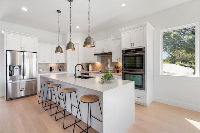 18605 Lakeland Dr, Point Venture, TX 78645 - kitchen featuring stainless steel appliances, a sink, under cabinet range hood, light wood finished floors, and recessed lighting
