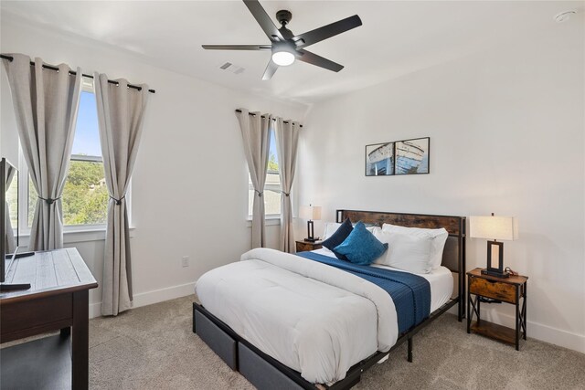 18605 Lakeland Dr, Point Venture, TX 78645 - bedroom featuring light colored carpet, baseboards, and ceiling fan