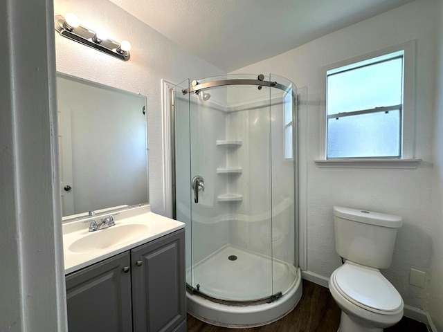 full bath featuring wood finished floors, a shower stall, vanity, and toilet
