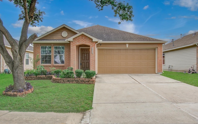 10406 Tenleyton Ln, Houston, TX 77075 - ranch-style home featuring brick siding, a front lawn, a garage, concrete driveway, and a shingled roof
