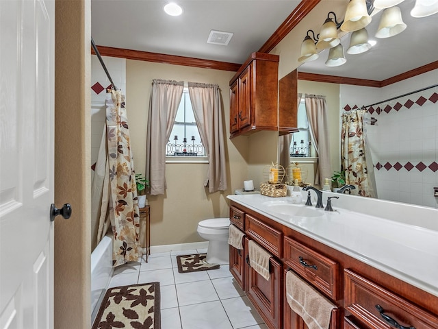 21007 Cook Rd, Tomball, TX 77377 - bathroom with crown molding, toilet, vanity, a chandelier, and tile patterned floors