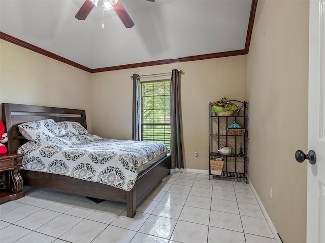 21007 Cook Rd, Tomball, TX 77377 - bedroom with ornamental molding, light tile patterned floors, lofted ceiling, ceiling fan, and baseboards