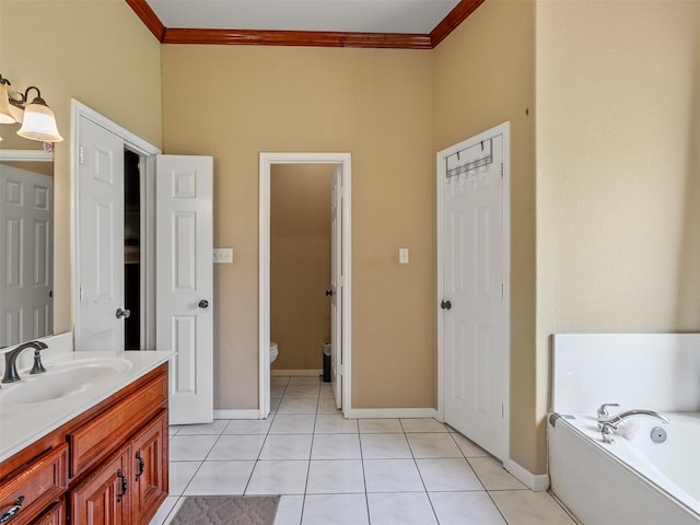 21007 Cook Rd, Tomball, TX 77377 - full bathroom with crown molding, vanity, toilet, a bath, and tile patterned floors