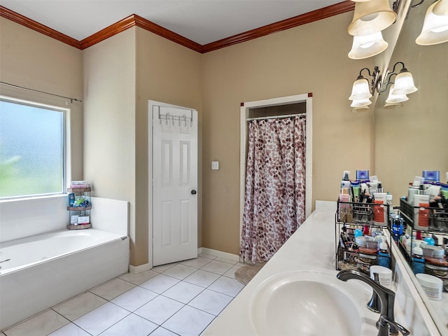 21007 Cook Rd, Tomball, TX 77377 - full bathroom featuring ornamental molding, a sink, a bath, tile patterned floors, and a chandelier