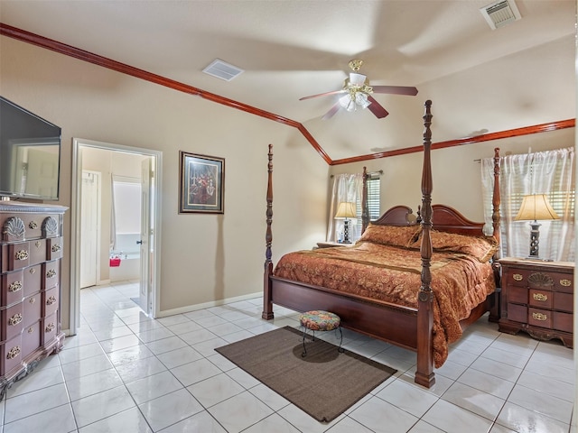 21007 Cook Rd, Tomball, TX 77377 - bedroom featuring crown molding, light tile patterned flooring, vaulted ceiling, baseboards, and ceiling fan