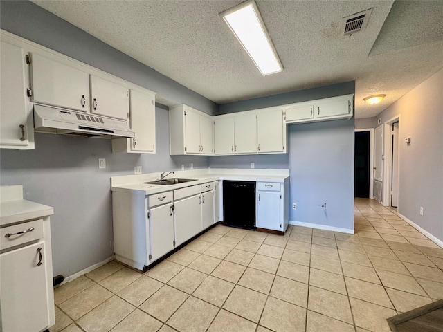 18 Townhouse Ln Unit 18, Trinity, TX 75862 - kitchen with black dishwasher, under cabinet range hood, a sink, a textured ceiling, and light tile patterned floors