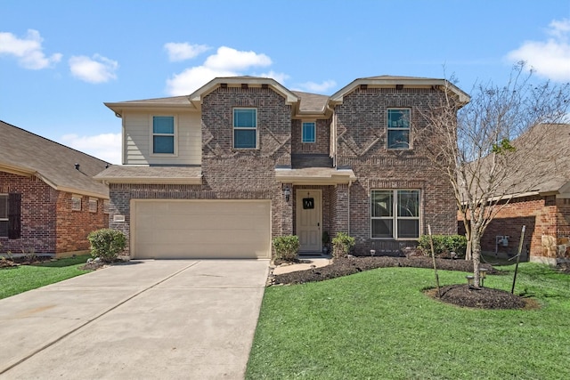21126 Normandy Glen St, Kingwood, TX 77339 - view of front facade with brick siding, an attached garage, a front yard, and concrete driveway