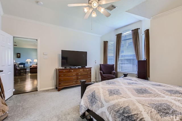 18115 Linden Forest Ln, Katy, TX 77449 - bedroom with ornamental molding, light colored carpet, ceiling fan, vaulted ceiling, and baseboards