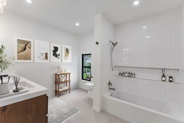 bathroom featuring toilet, tub / shower combination, recessed lighting, tile patterned flooring, and baseboards