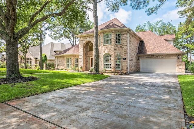 147 Sunnyvale W, Montgomery, TX 77356 - french provincial home with a garage, a front lawn, concrete driveway, and brick siding
