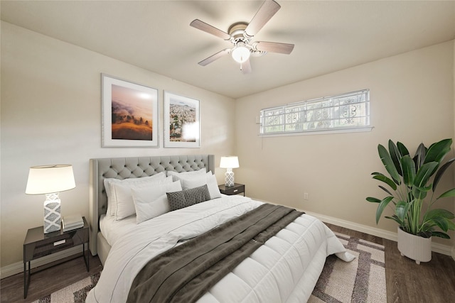 bedroom featuring baseboards, wood finished floors, and a ceiling fan