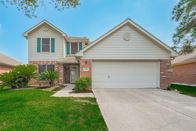 view of front of house featuring brick siding, driveway, a front yard, and an attached garage