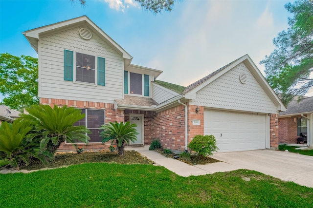 view of front of home featuring brick siding, concrete driveway, a garage, and a front yard