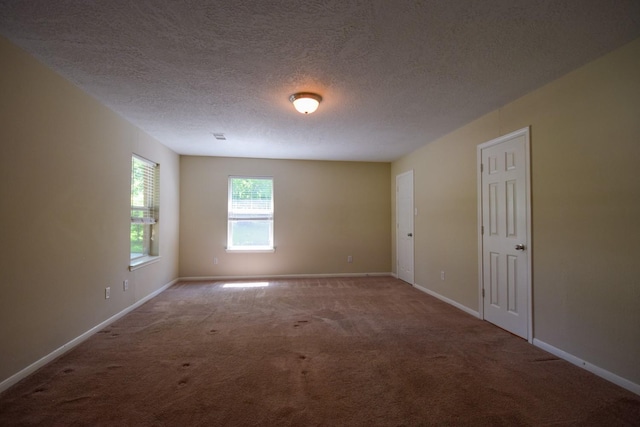 spare room featuring carpet floors, baseboards, and a textured ceiling